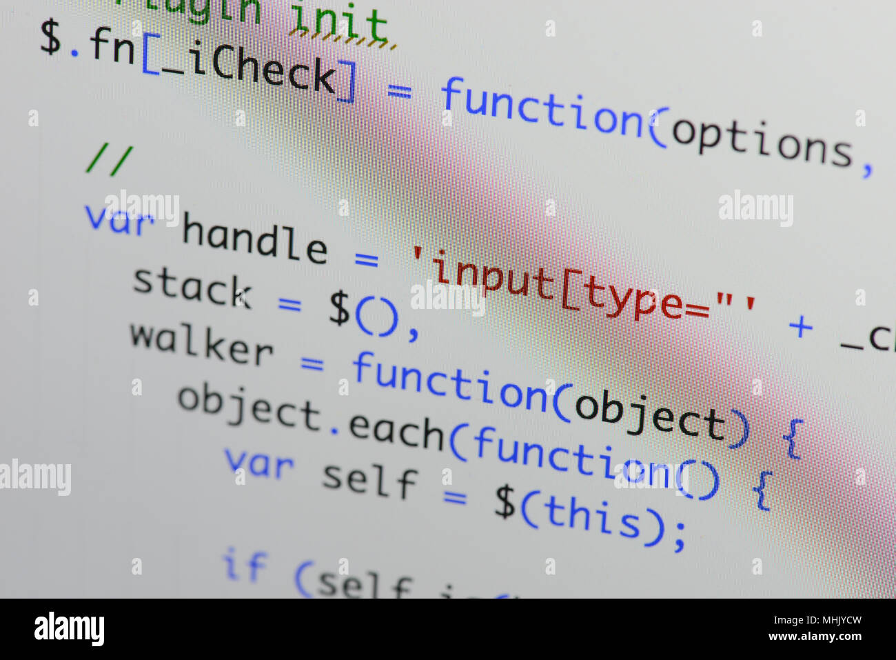 Echten Java Script Code entwickeln. Programmierung Workflow abstrakter Algorithmus Konzept. Nahaufnahme von Java Script und HTML-Code. Stockfoto