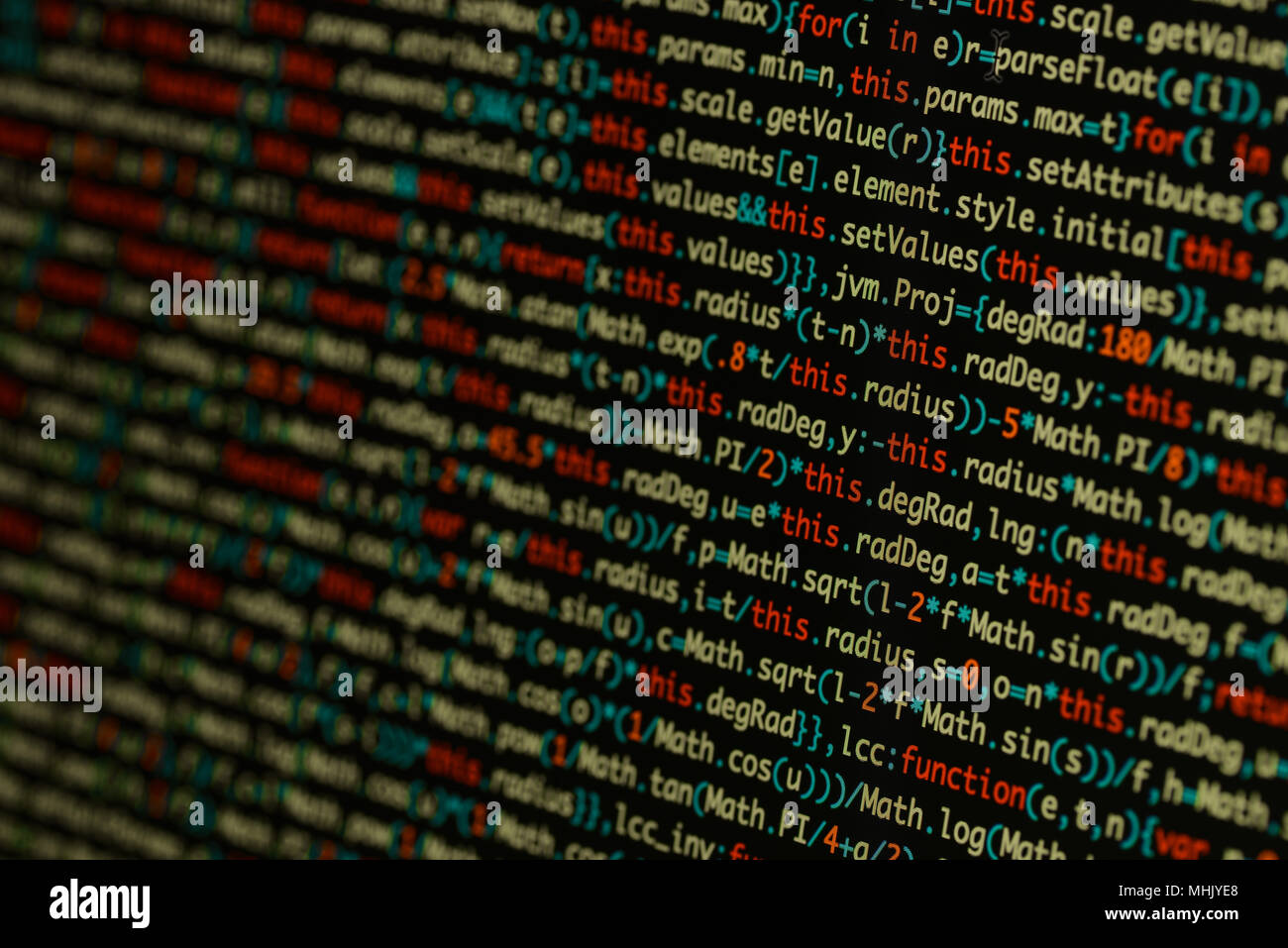 Echten Java Script Code entwickeln. Programmierung Workflow abstrakter Algorithmus Konzept. Nahaufnahme von Java Script und HTML-Code. Stockfoto