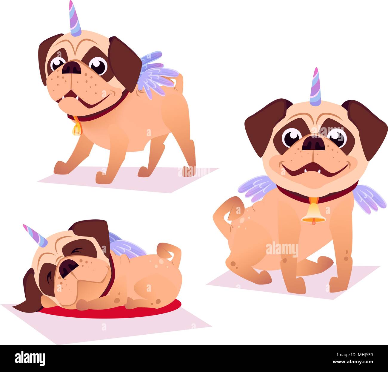 Niedliche Mops in Einhorn Kostüm. Einhorn Hund. Es kann für Aufkleber, Patch, Phone Case, Poster, T-Shirt, Tasse und andere Design. Stock Vektor