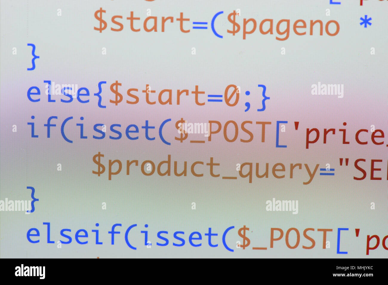 Echte PHP-Code entwickeln. Programmierung Workflow abstrakter Algorithmus Konzept. Zeilen PHP Code sichtbar. Stockfoto