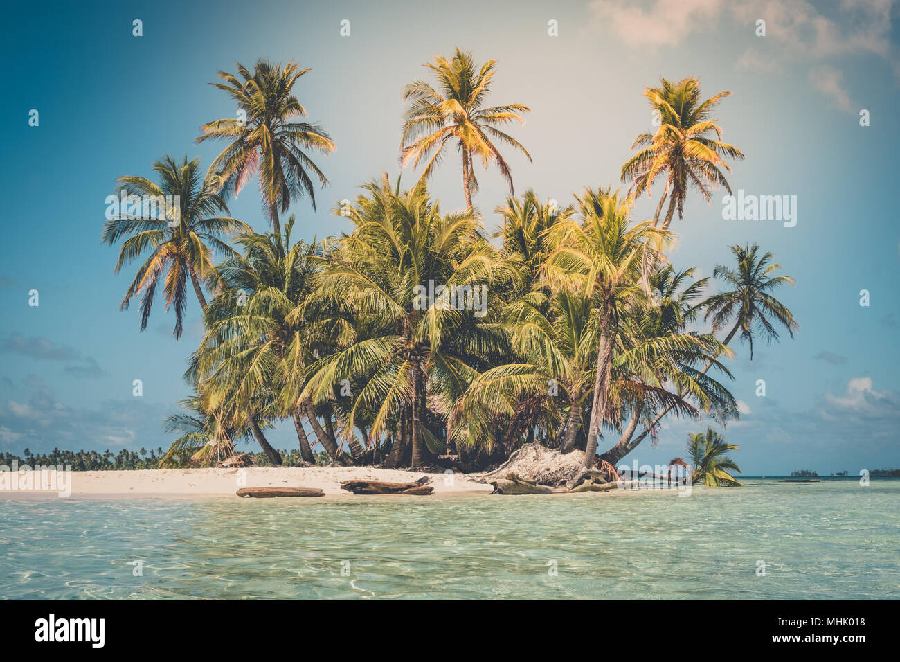 Tropische Insel mit Palmen, Strand und Meer, Stockfoto