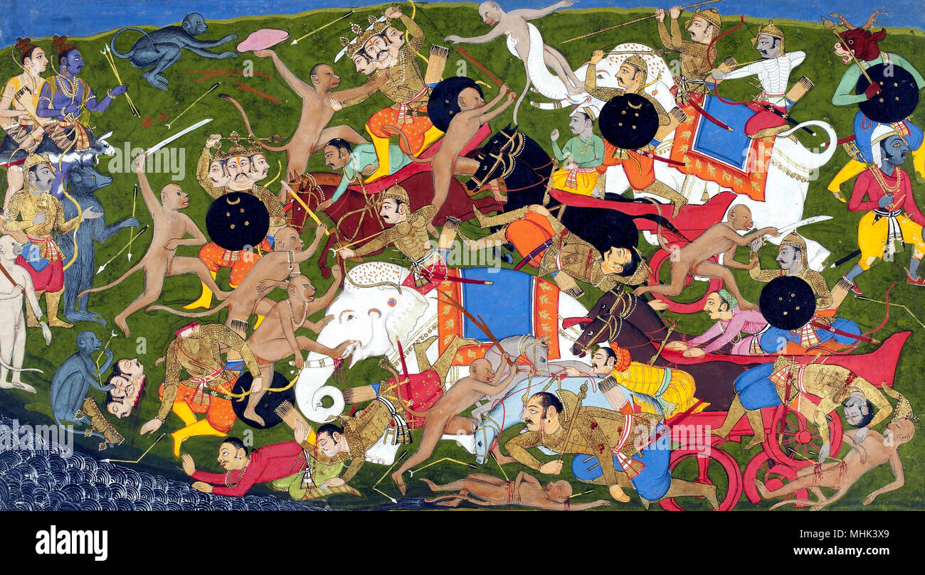 Schlacht bei Lanka, Ramayana, von Sahib Din. Kampf zwischen den Armeen von Rama und der König von Lanka. Udaipur, 1649-1653. Die ahib Din's Abbildung zeigt in grausigen Detail Eine heftige Schlacht Sehenswürdigkeit. Es findet zwischen Rama's Armee von Affen und der König von Lanka Armee von Dämonen, wie Rama (zusammen mit den anderen Menschen, seinem Bruder Lakshmana) kämpfe Rama der entführten Frau Prinzessin Sita zu befreien. Stockfoto
