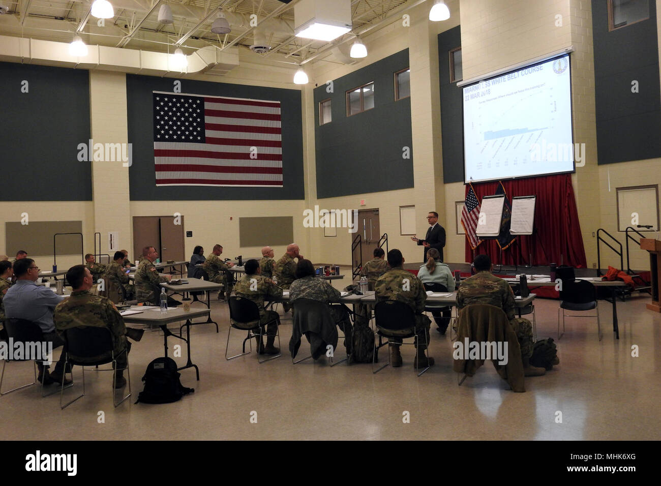 Dr. Colin Wasiloff, kontinuierliche Prozessverbesserung Implementierung Director bei der US-Armee Tank-Automotive Forschung, Entwicklung und Engineering Center, begrüßt Michigan National Guard Mitarbeiter zu einem Lean Six Sigma White Belt Schulung, März 22, 2018 Joint Force Headquarters in Lansing. MIARNG Wasiloff und kontinuierliche Prozessverbesserung Implementierung Direktor, Kapitän James Stansbury (hintere Reihe mit Rucksack), stellte den LSS weißen Gürtel Konzepte Ming Mitarbeiter bei der Verbesserung der Prozesse in ihrer jeweiligen Verantwortung interessiert zu wählen. (Michigan National Guard Stockfoto