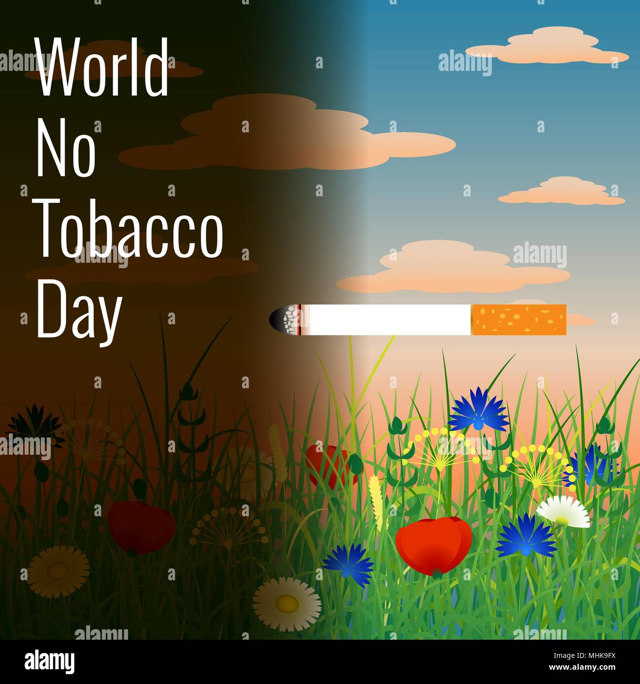 Weltnichtrauchertag. Konzept der Veranstaltung. 31. Mai. Eine brennende Zigarette. Sommer Landschaft. Rauch verschmutzt die Luft Stock Vektor