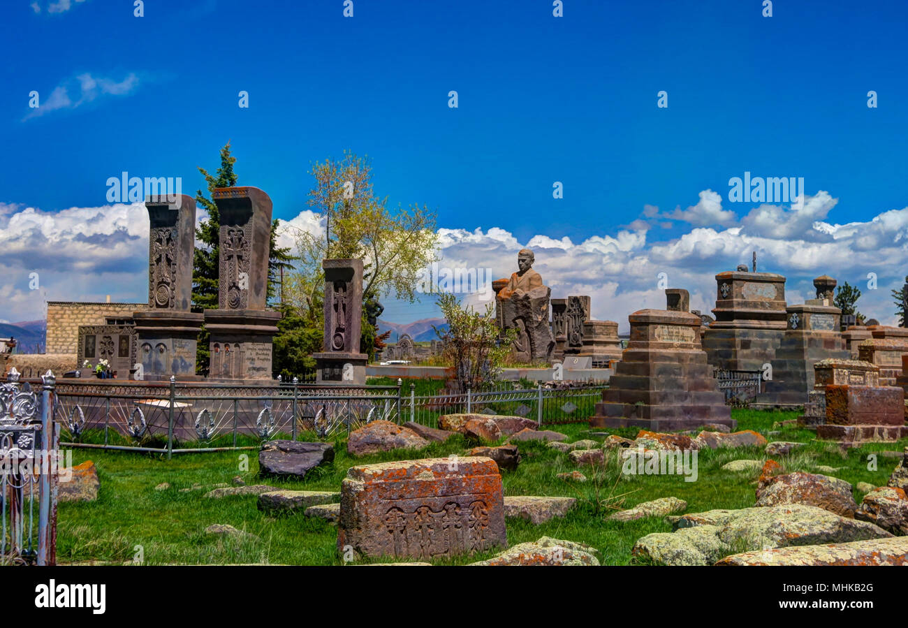 Steinplatten aha khachkar in Noratus Friedhof, Armenien Stockfoto