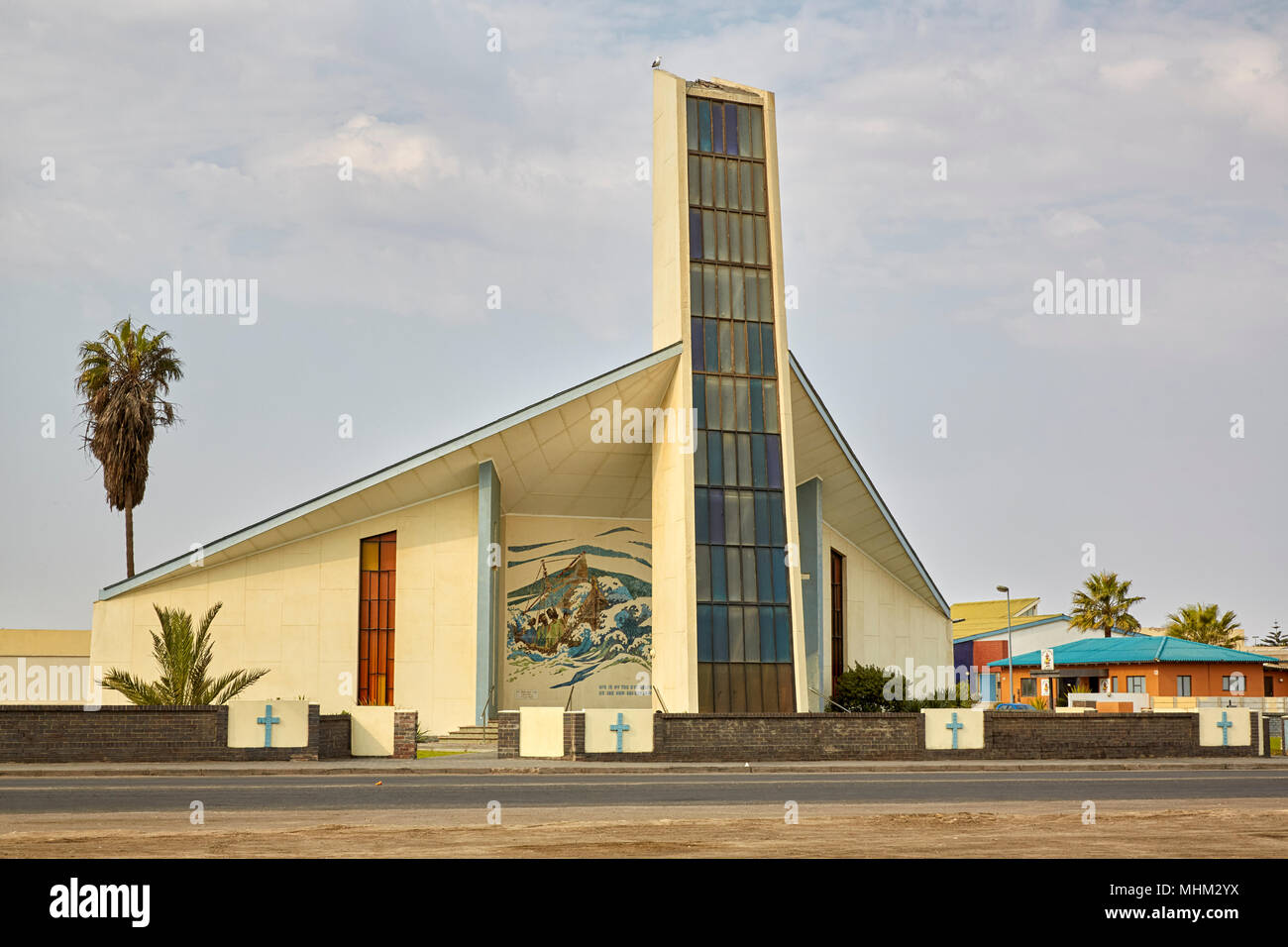 Die Niederländische Reformierte Kirche und Halle in Walvis Bay, Namibia, Afrika Stockfoto