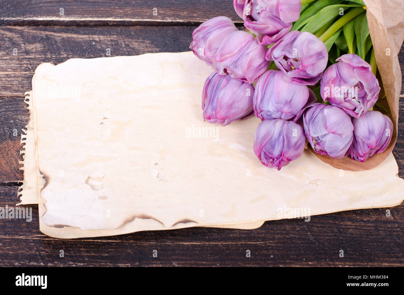 Violett Tulpen und vintage Papier auf einer hölzernen Hintergrund. Freier Platz für Ihren Text. Stockfoto