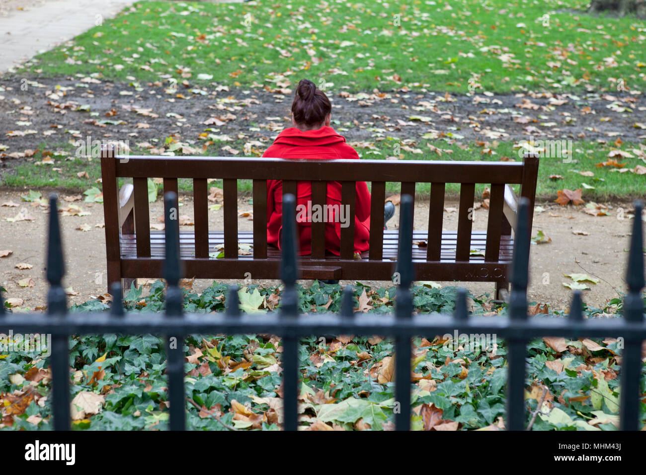 Ansicht der Rückseite ein Mädchen mit braunen Haaren sitzen auf einer Parkbank trägt einen roten Mantel, mit Herbst Blätter auf dem Weg und Gras Stockfoto