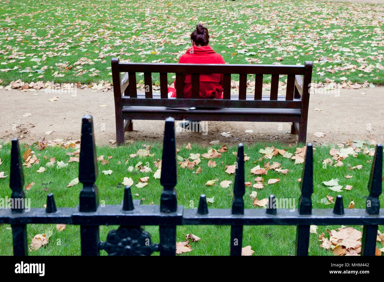 Ansicht der Rückseite ein Mädchen mit braunen Haaren sitzen auf einer Parkbank trägt einen roten Mantel, mit Herbst Blätter auf dem Weg und Gras Stockfoto