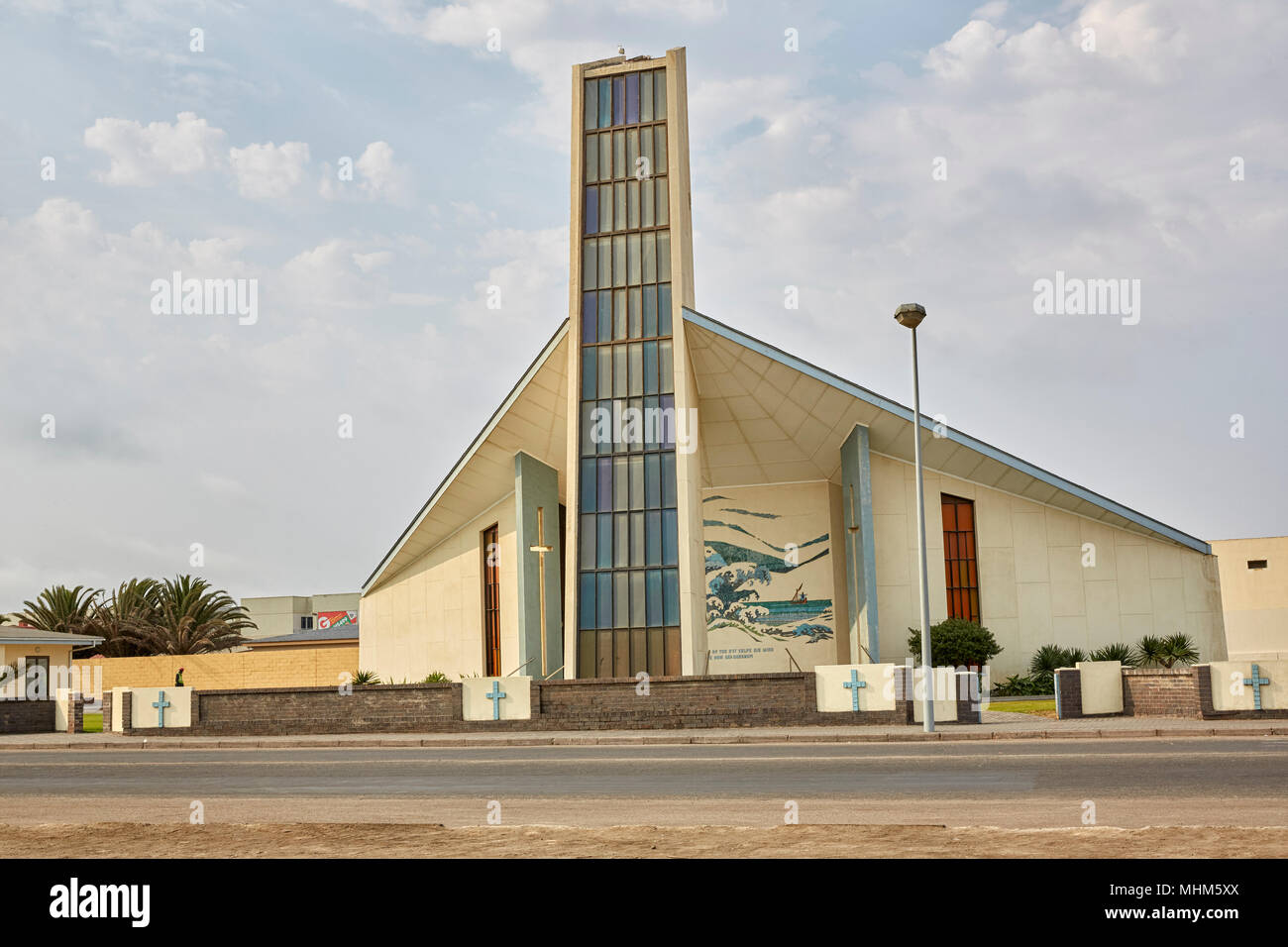 Die Niederländische Reformierte Kirche und Halle in Walvis Bay, Namibia, Afrika Stockfoto