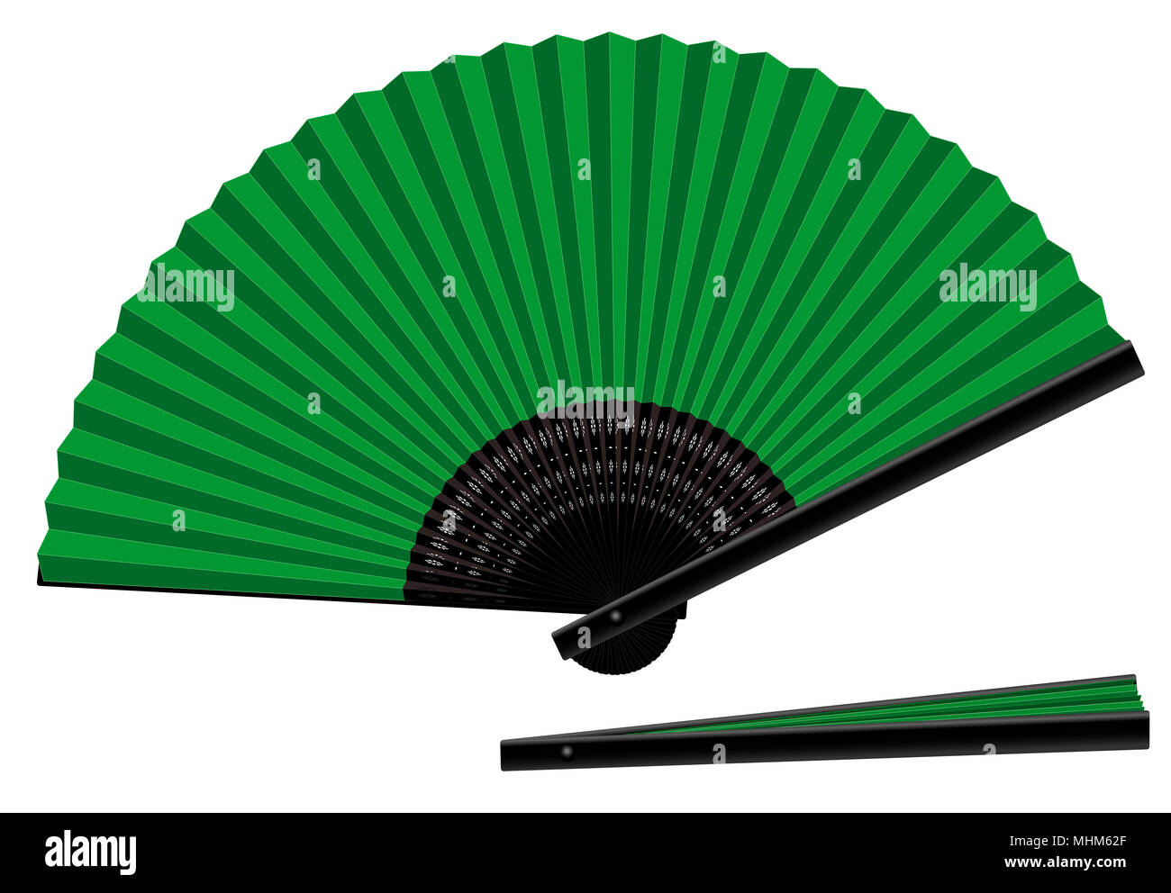 Handfächer, grün und schwarz, offen und geschlossen, dreidimensionale, realistisch-isolierte Vector Illustration auf weißem Hintergrund. Stockfoto