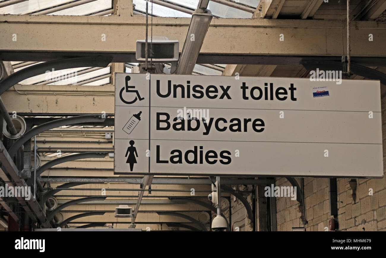 Lancaster Bahnhof, Unisex, Damen Wc, Babybetreuung, Lancashire, England, Großbritannien Stockfoto