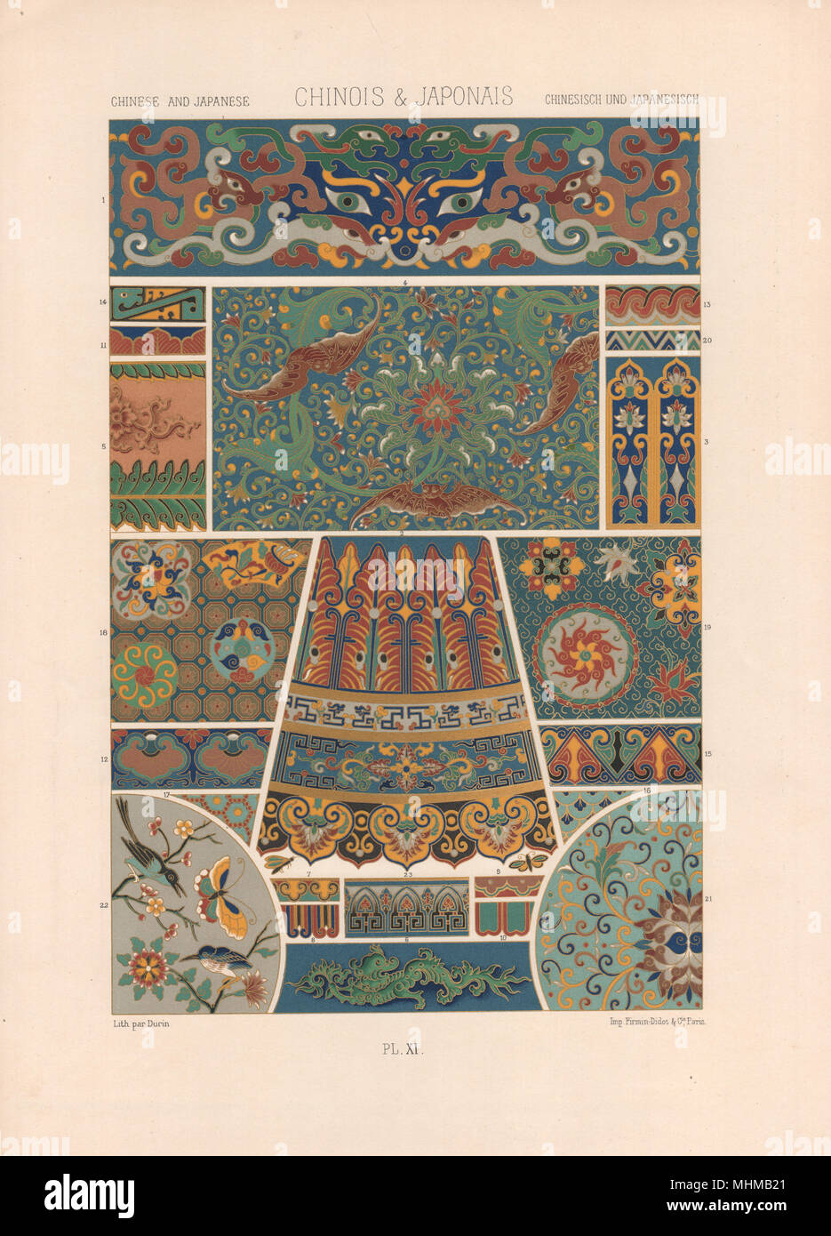 RACINET ORNEMENT POLYCHROME 11 chinesische und japanische Kunst Muster Motive c 1885 Stockfoto