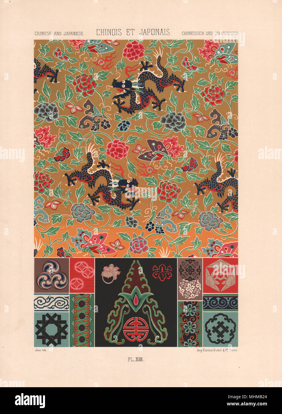 RACINET ORNEMENT POLYCHROME 13 chinesische und japanische Kunst Muster Motive c 1885 Stockfoto
