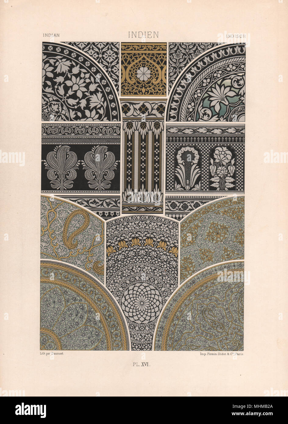 RACINET ORNEMENT POLYCHROME 16 indische Kunst Muster Motive c 1885 Stockfoto