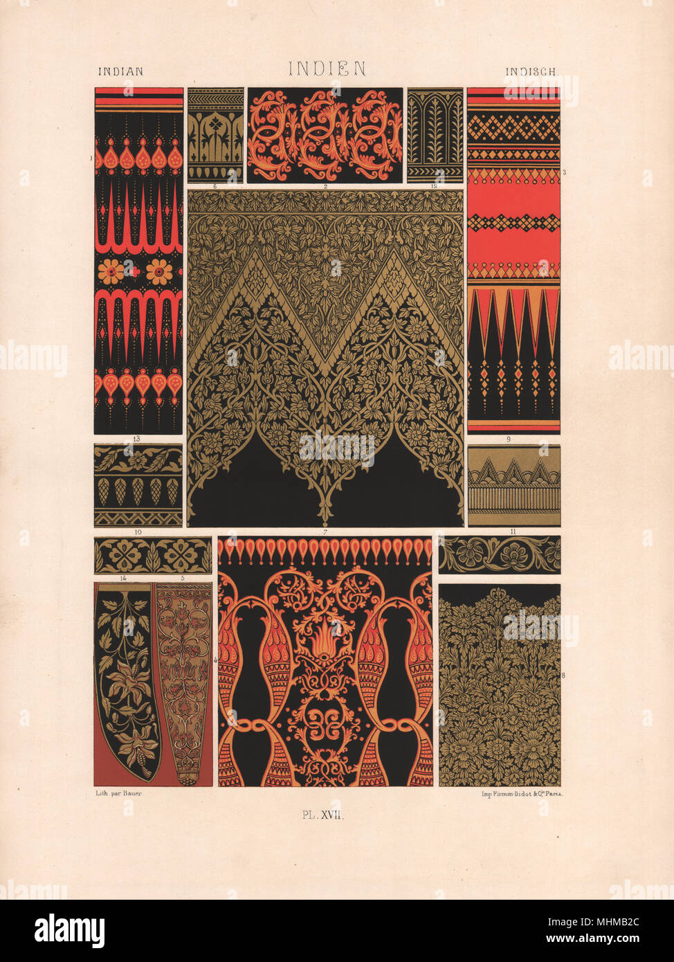 RACINET ORNEMENT POLYCHROME 17 indische Kunst Muster Motive c 1885 Stockfoto