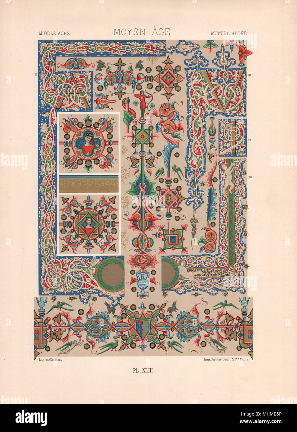 RACINET ORNEMENT POLYCHROME 43 mittelalterliche Kunst Muster Motive c 1885 Stockfoto