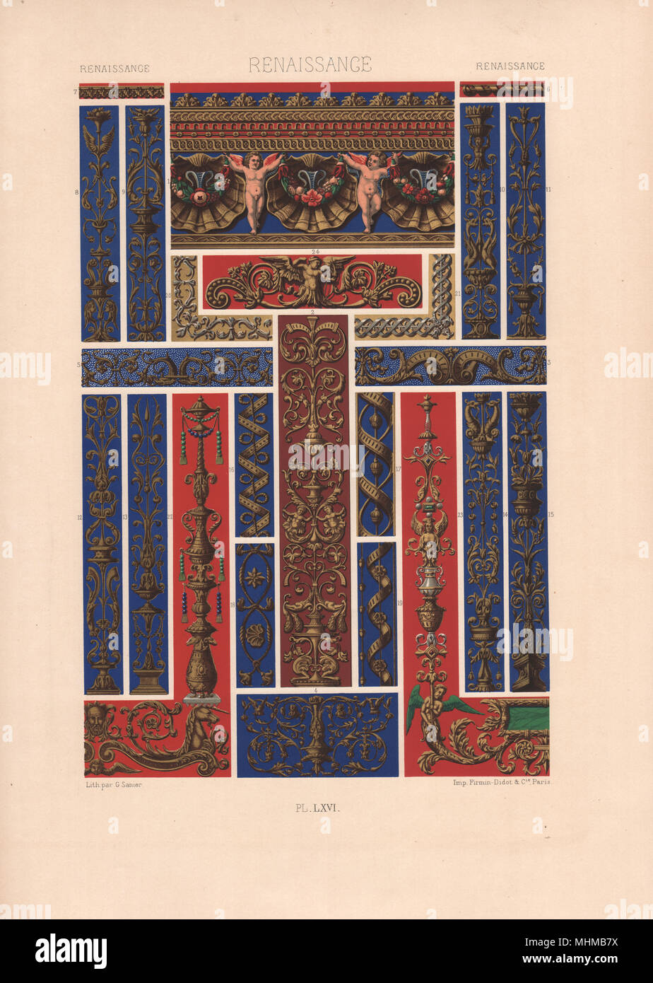 RACINET ORNEMENT POLYCHROME 66 Renaissance dekorative Kunst Muster Motive c 1885 Stockfoto