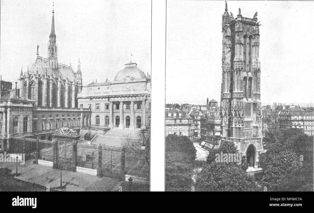 PARIS. La Sainte-chapelle; La Tour Saint-Jacques 1900 alten, antiken Drucken Stockfoto