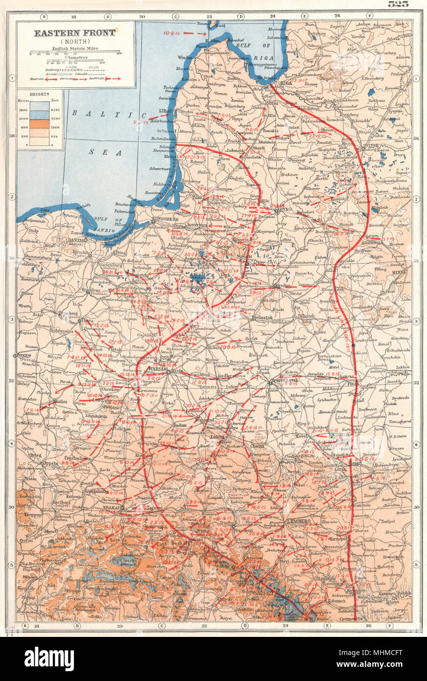 WW1 OSTFRONT. Weißrussland Baltikum Polen Kampflinien 1914-16 1920 alte Karte Stockfoto