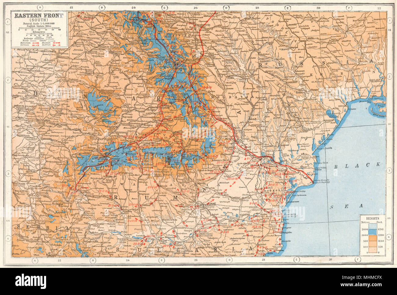 WW1 OSTFRONT. Rumänien Ungarn Ukraine Moldau Kampflinien 1916 1920 Karte Stockfoto