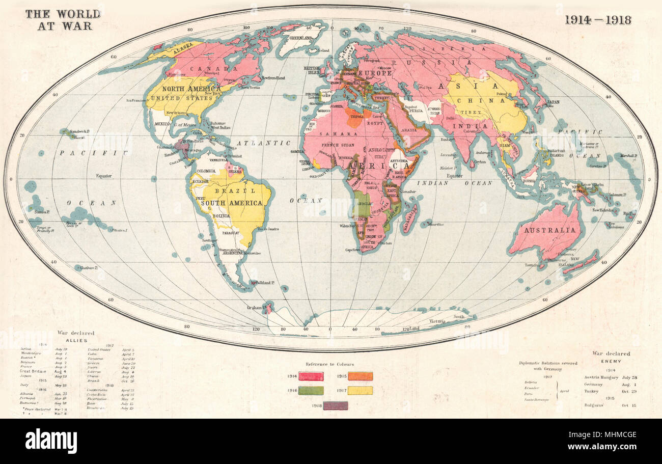 Ersten Weltkrieg. Die Welt befindet sich im Krieg 1914-1918; zeigt Jahr der Eintritt in den Krieg 1920 Karte Stockfoto