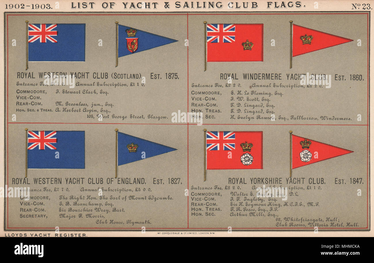 ROYAL YACHT CLUB FLAGS Royal Western Schottland/England Windermere Yorkshire 1902 Stockfoto