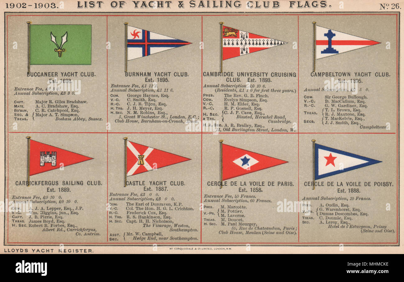 Yachtcharter & SAILING CLUB FLAGS B-C. Buccaneer auf Cercle de la Voile de Poissy 1902 Stockfoto