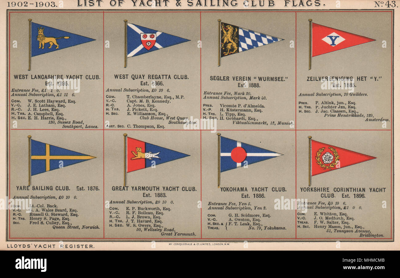 Yachtcharter & SAILING CLUB FLAGS W-Y. West Lancashire und Yorkshire Korinthischen 1902 Stockfoto