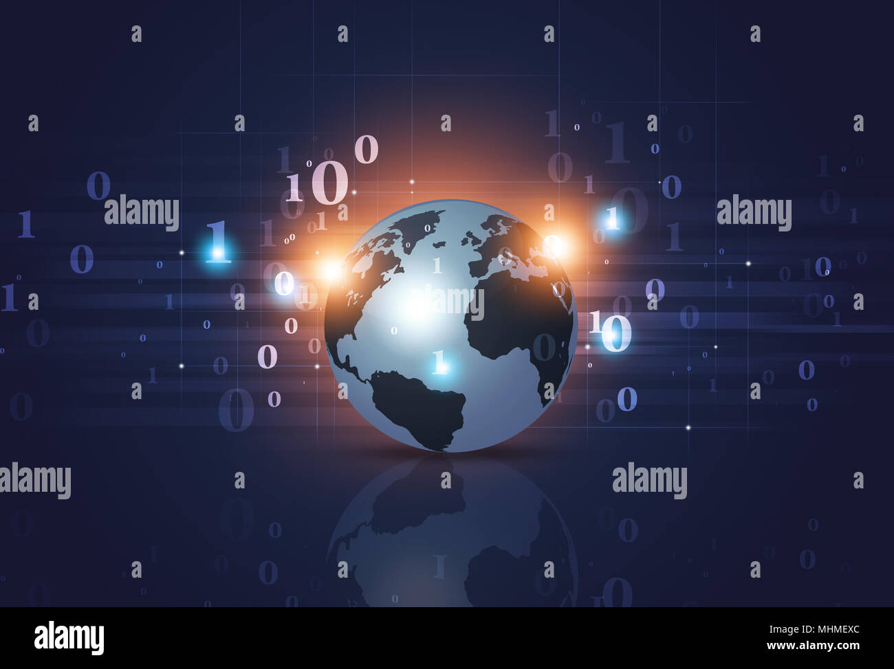 Die digitale Technologie der binäre Code und Weltkarte auf blauem Hintergrund Stockfoto