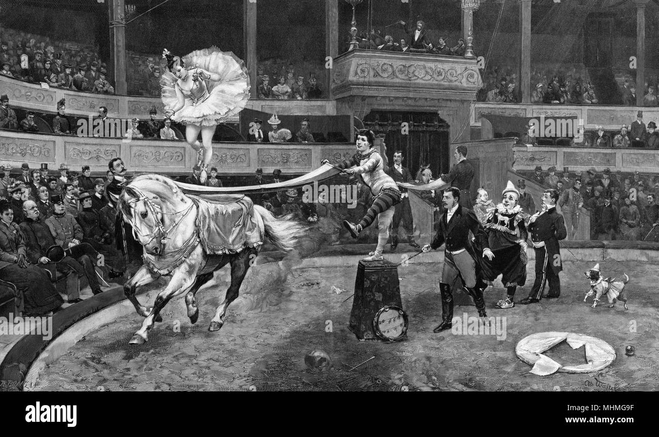 Reitschulen Tänzerin gekleidet, wie eine Ballerina im Ring führt mit einigen Clowns und eine schöne weiße Pferd, alle unter der Leitung von zirkusdirektor. Datum: 1890s Stockfoto