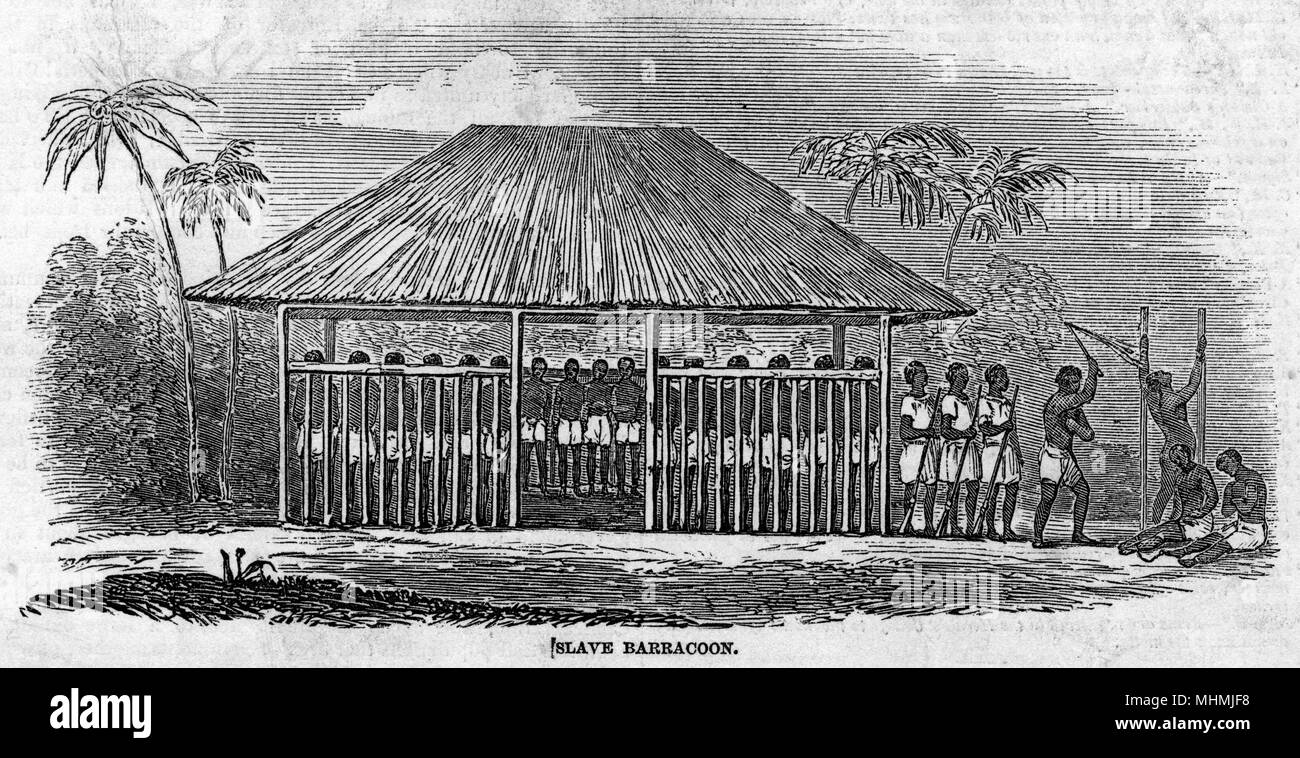 Ein "barracoon" in Sierra Leone, West Afrika, wo Sklaven vor dem Versand gehalten werden, für die Monate auf Ende, angekettet von Hals und Beine, und häufig ausgepeitscht Datum: 1849 Stockfoto