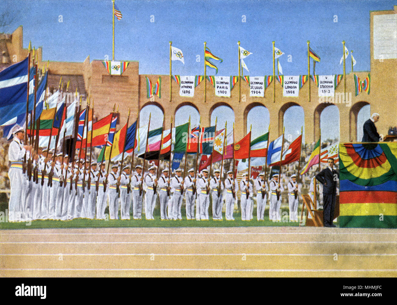 Eine Anzeige der nationalen Fahnen auf der Closing Ceremony Datum: 1932 Stockfoto