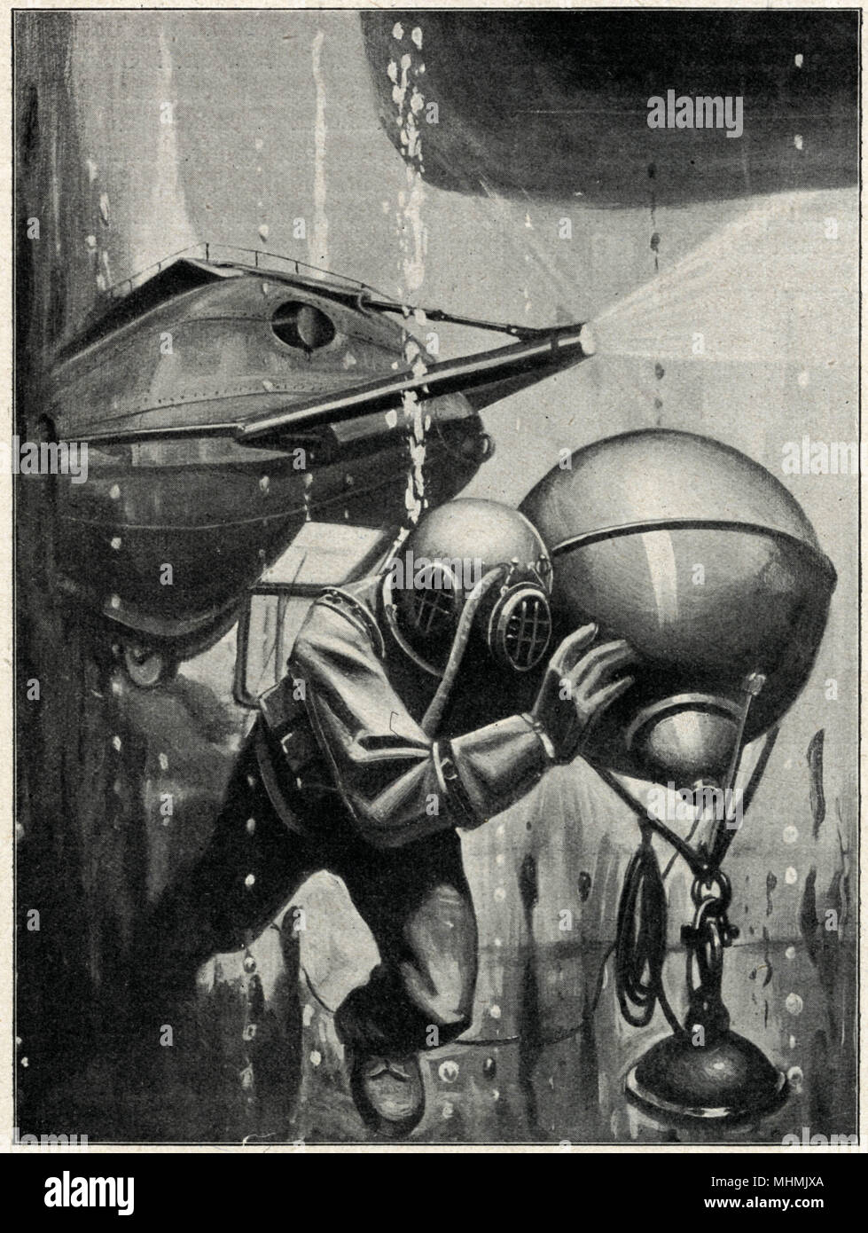 Ein Taucher legt Minen aus einem UBoot. Datum 1915 Stockfotografie