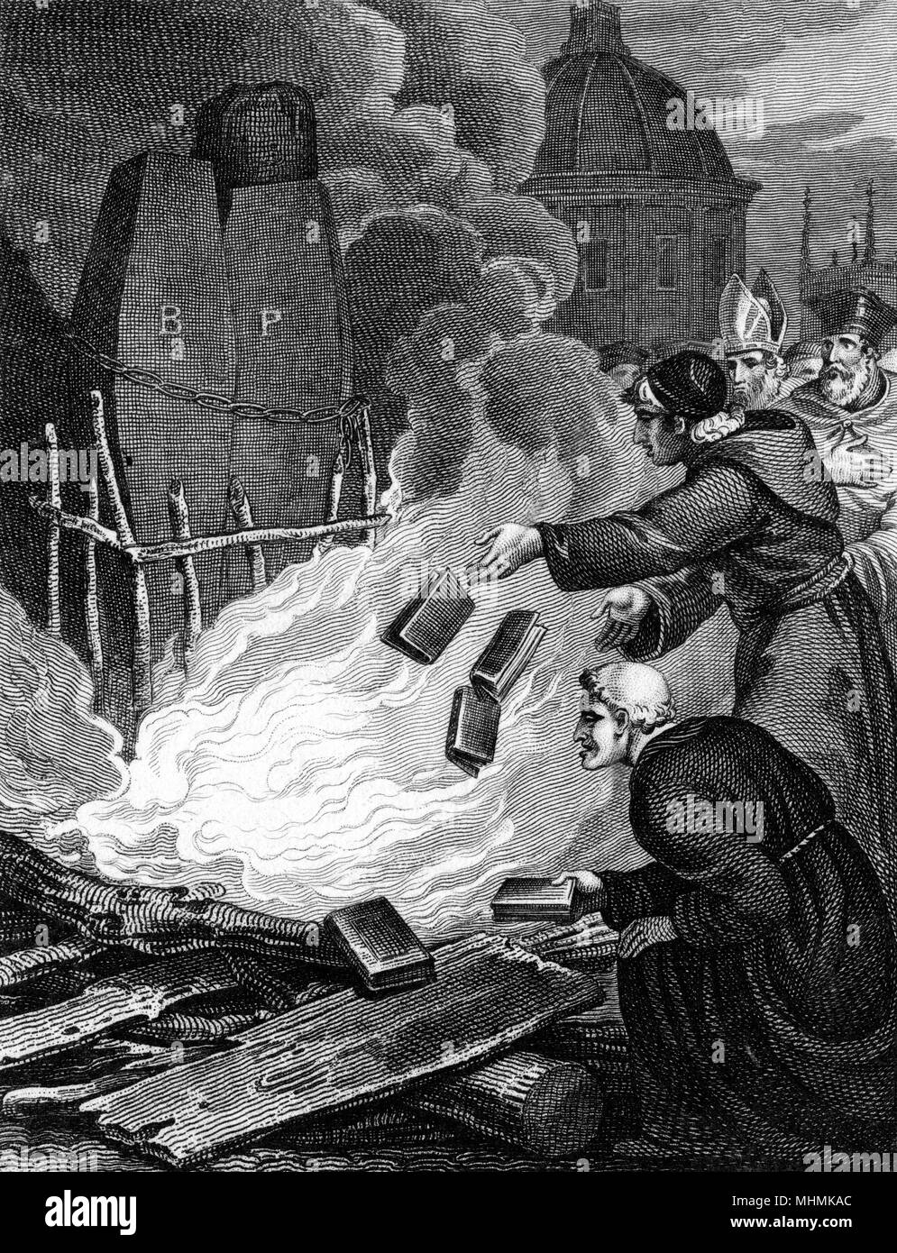 Wenn kirche Reformer Martin Bucer und Phagius sind zu töten, ihre Ketzerischen Bücher sind zusammen mit ihren Körper verbrannt. Datum: 1551 Stockfoto