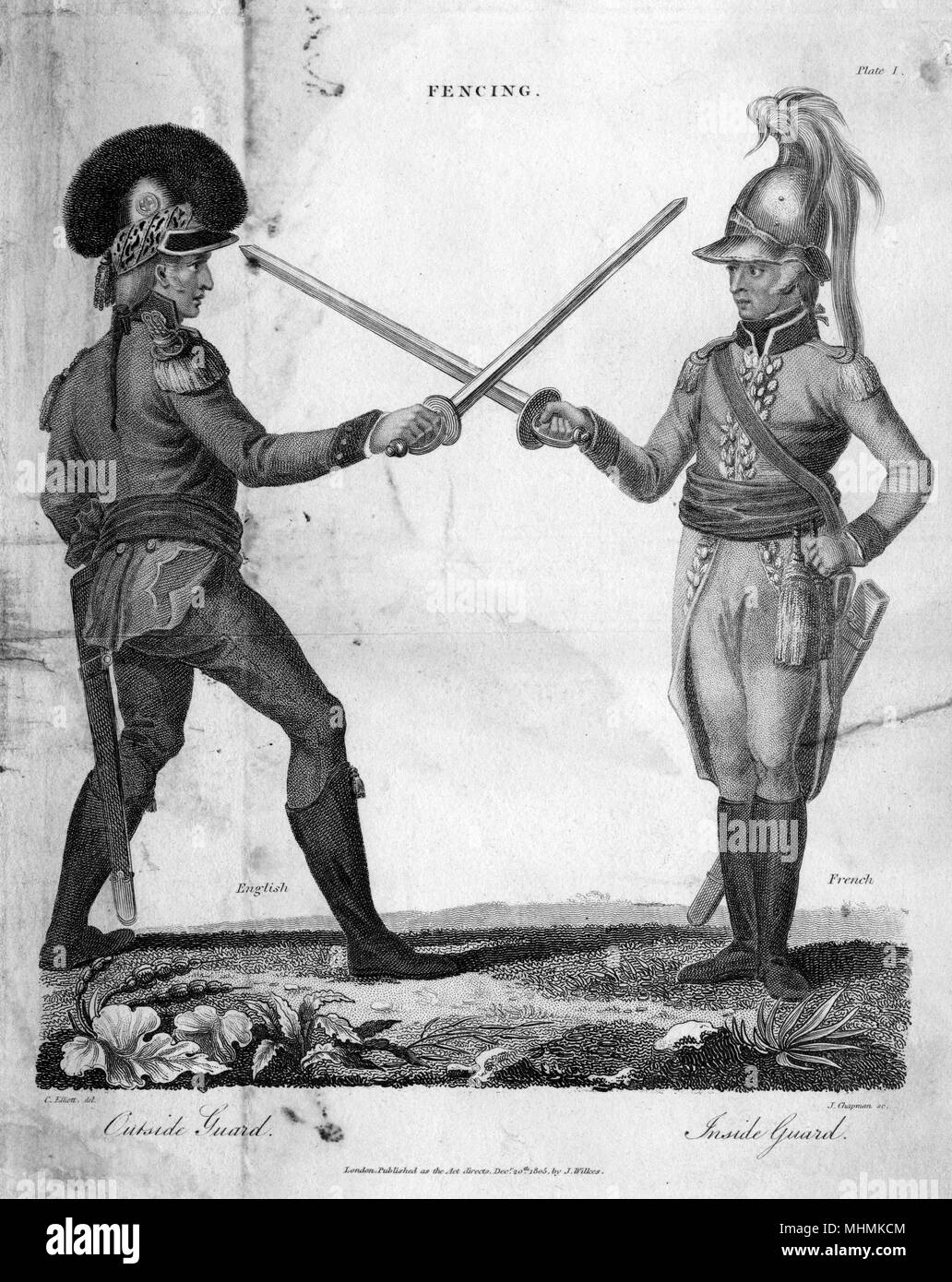 Eine englische und französische Soldaten stand'en garde', tragen volle militärische Kleid. Datum: 1805 Stockfoto