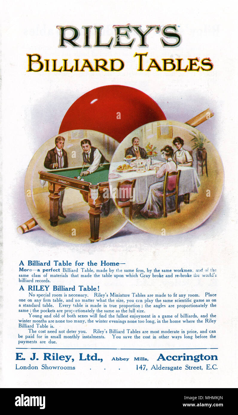 Werbung für Riley Billard Tische Datum: ca. 1900 Stockfoto