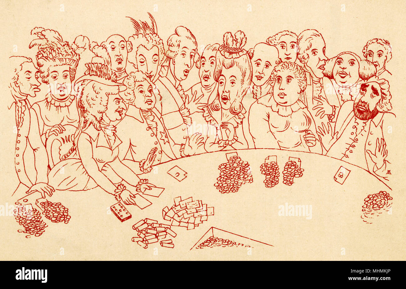 Die Teilnehmer an einem Glücksspiel Partei tragen jede Art von Gesichtsausdruck. Datum: 1790s Stockfoto