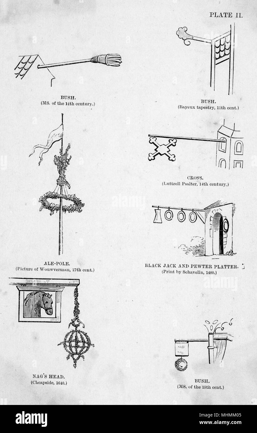Verschiedene alte Pub Signs: Bush, Bush, Ale-Pole, Kreuz, Black Jack und Zinn Schüssel, 'Snag Kopf, Bush. (Platte 2 in Reihe) Stockfoto