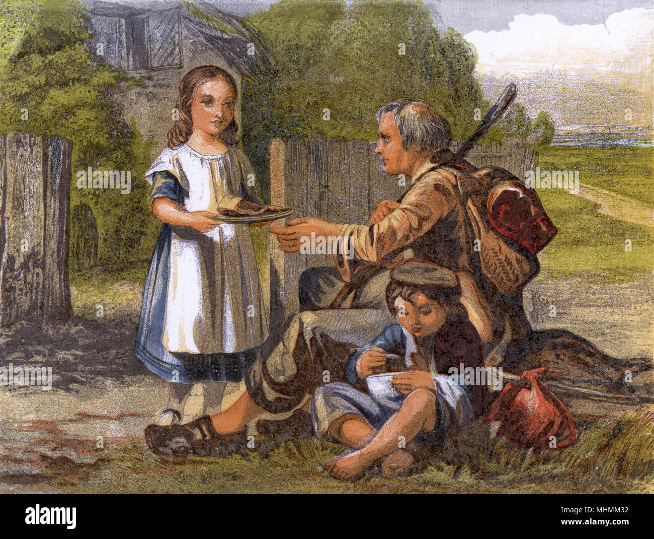 Gute Vorsätze - ein Kind trägt Nahrung zu einem Mann und sein Sohn tramping der Straßen. Datum: Um 1860 Stockfoto