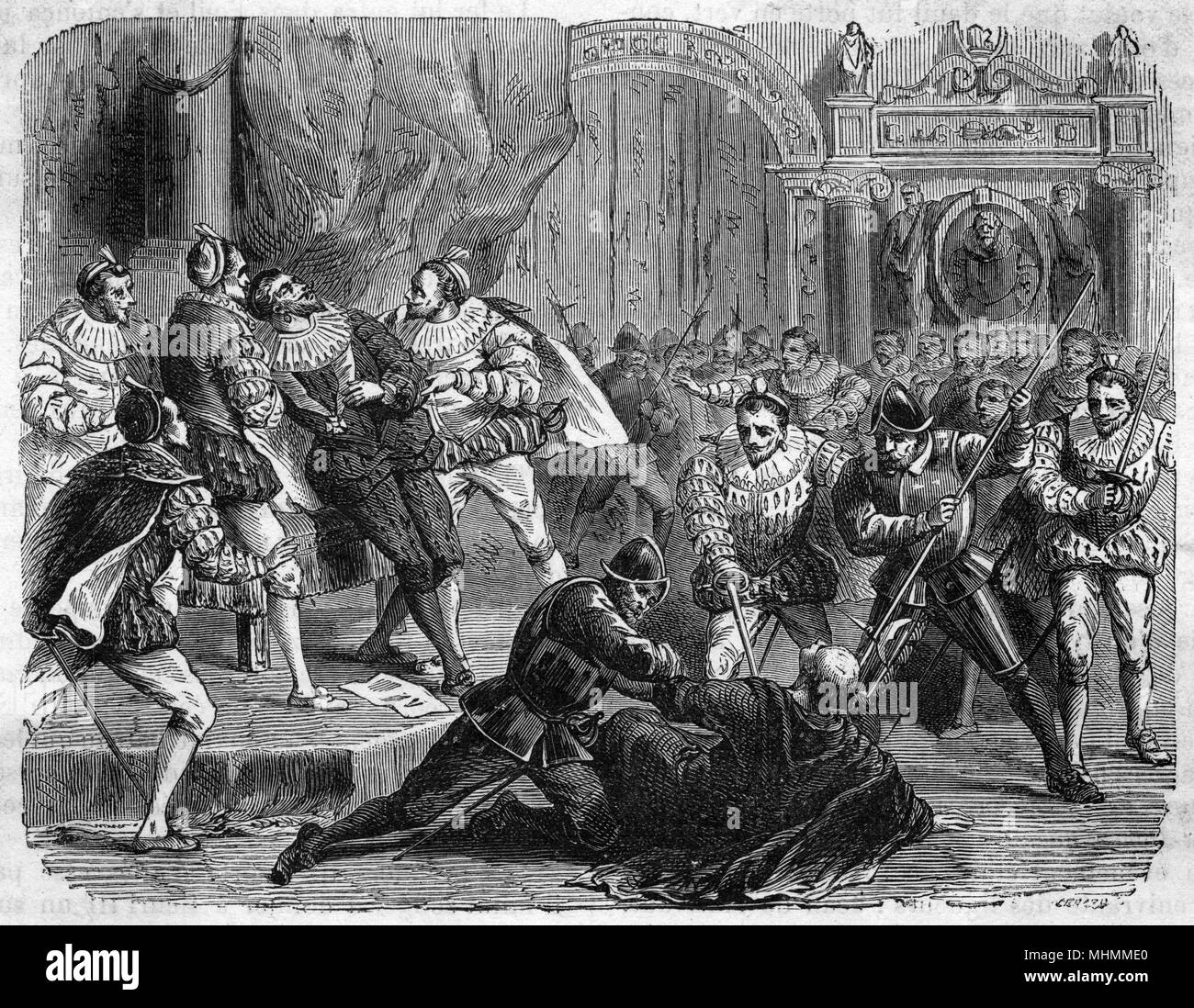 Henri III., im Widerspruch nicht nur mit den Protestanten, sondern auch mit der Katholischen Liga, ermordet von einem fanatischen Mönch, Jacques Clement, auf Veranlassung der Liga. Datum: 1. August 1589 Stockfoto