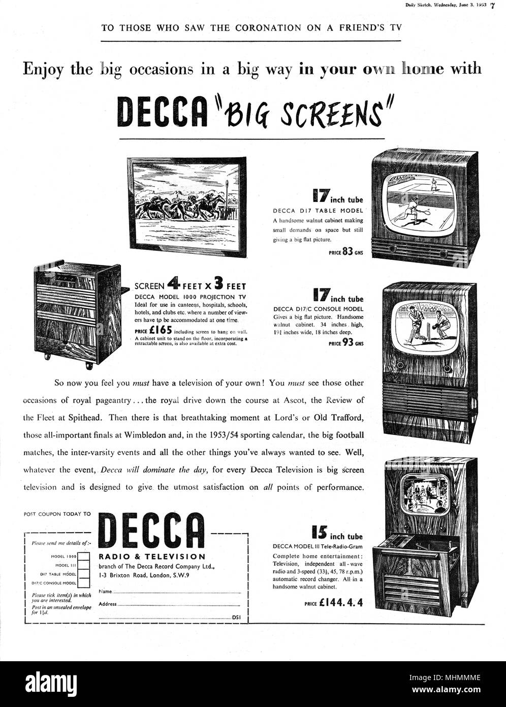 Decca-Fernsehwerbung - 1953 Krönung Stockfoto