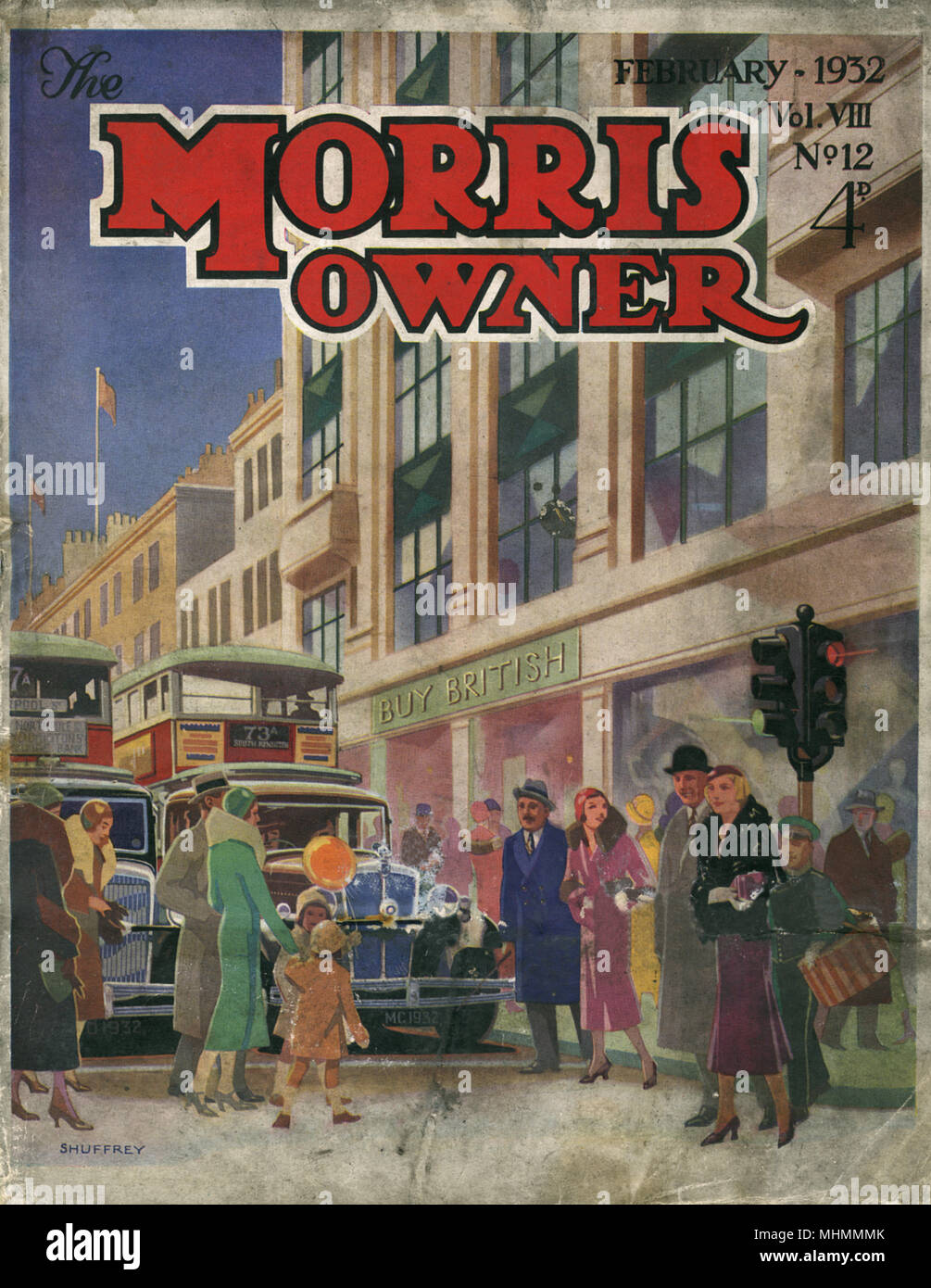 Vordere Abdeckung des Morris Eigentümer Magazin von 1932, mit einem schönen Abbildung mit einer verkehrsreichen Straße in eine High Street mit Käufern besiedelt. Da die Autos und Busse an der Ampel anhalten und warten für Fußgänger zu überqueren, ein modernes Kaufhaus im Hintergrund mahnt die Öffentlichkeit auf "Buy British" Datum: 1932 Stockfoto