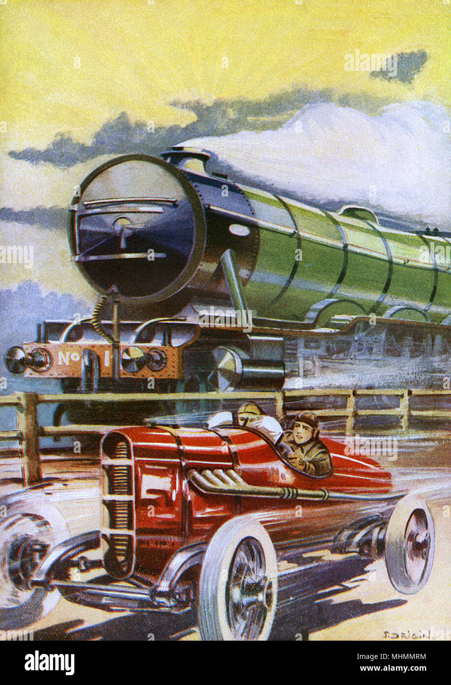 Race - Dampfeisenbahn und Rennwagen, 1920er Stockfoto