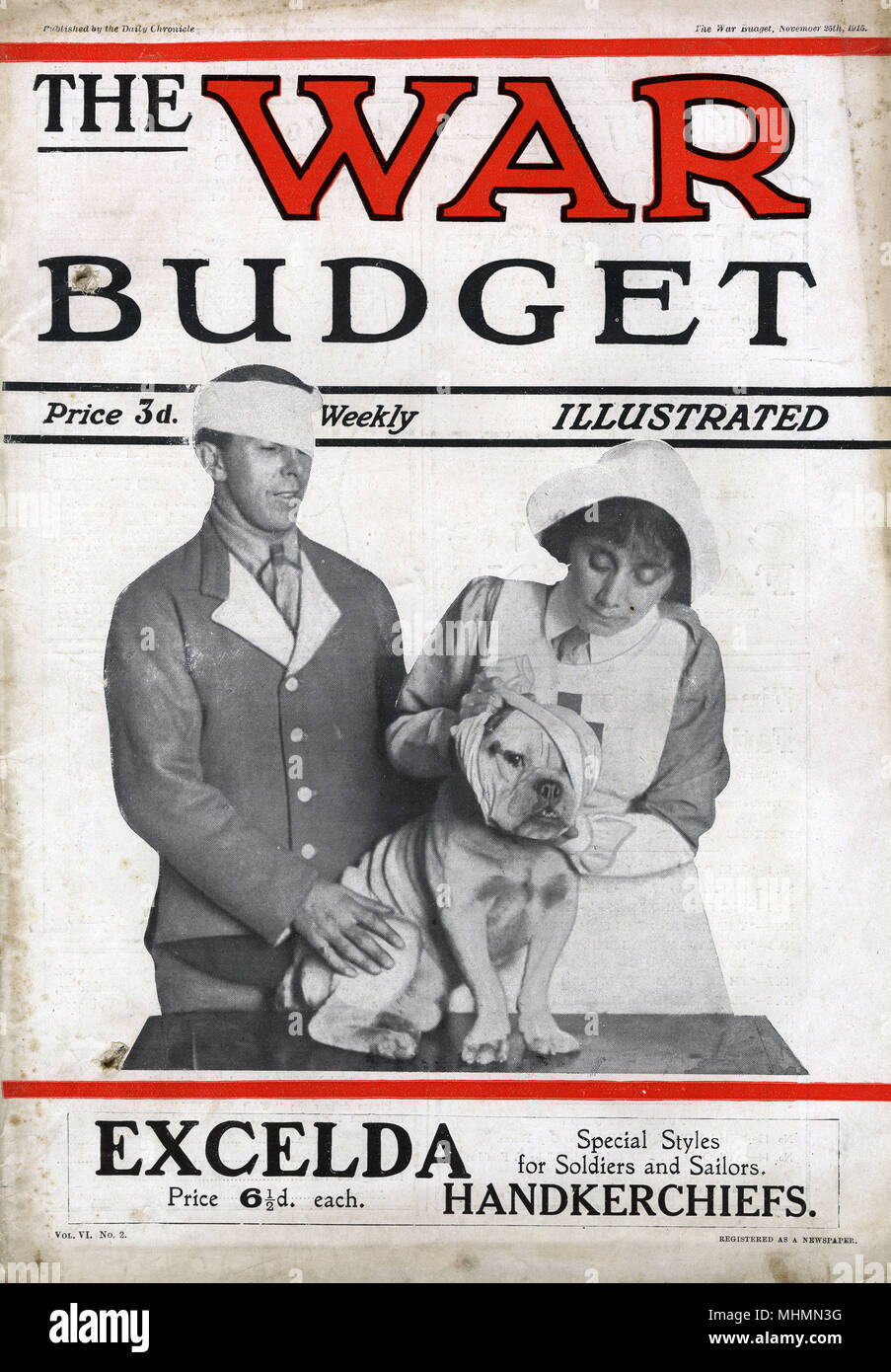 Das Kriegsbudget - Bulldogge und verwundeter Tommy Stockfoto