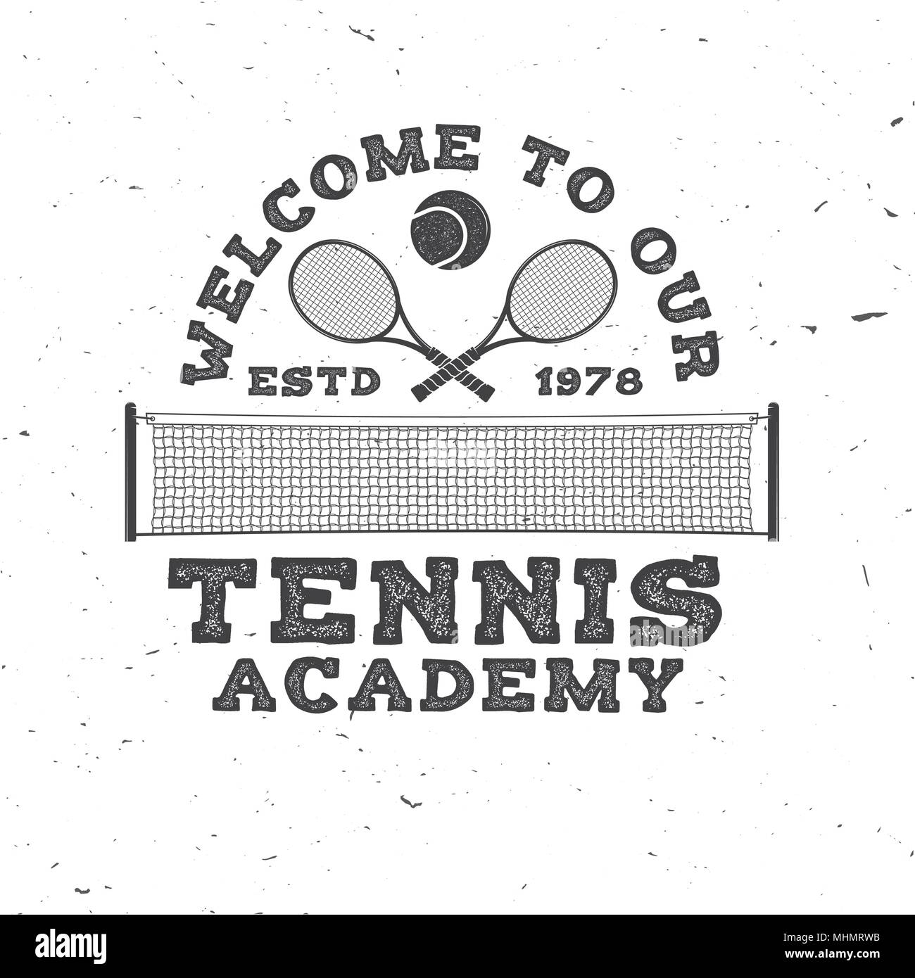 Zu unserem Tennis Academy Willkommen. Vector Illustration. Konzept für T-Shirt, Druck, Stempel oder T-Stück. Vintage Typografie Design mit Tennisball und Net silhoue Stock Vektor
