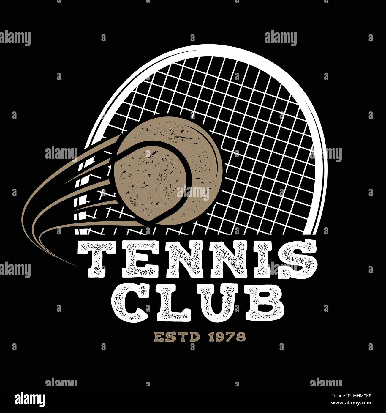 Tennis club Abzeichen. Vector Illustration. Konzept für T-Shirt, Druck, Stempel oder T-Stück. Vintage Typografie Design mit Tennisschläger und Ball Silhouette. Stock Vektor