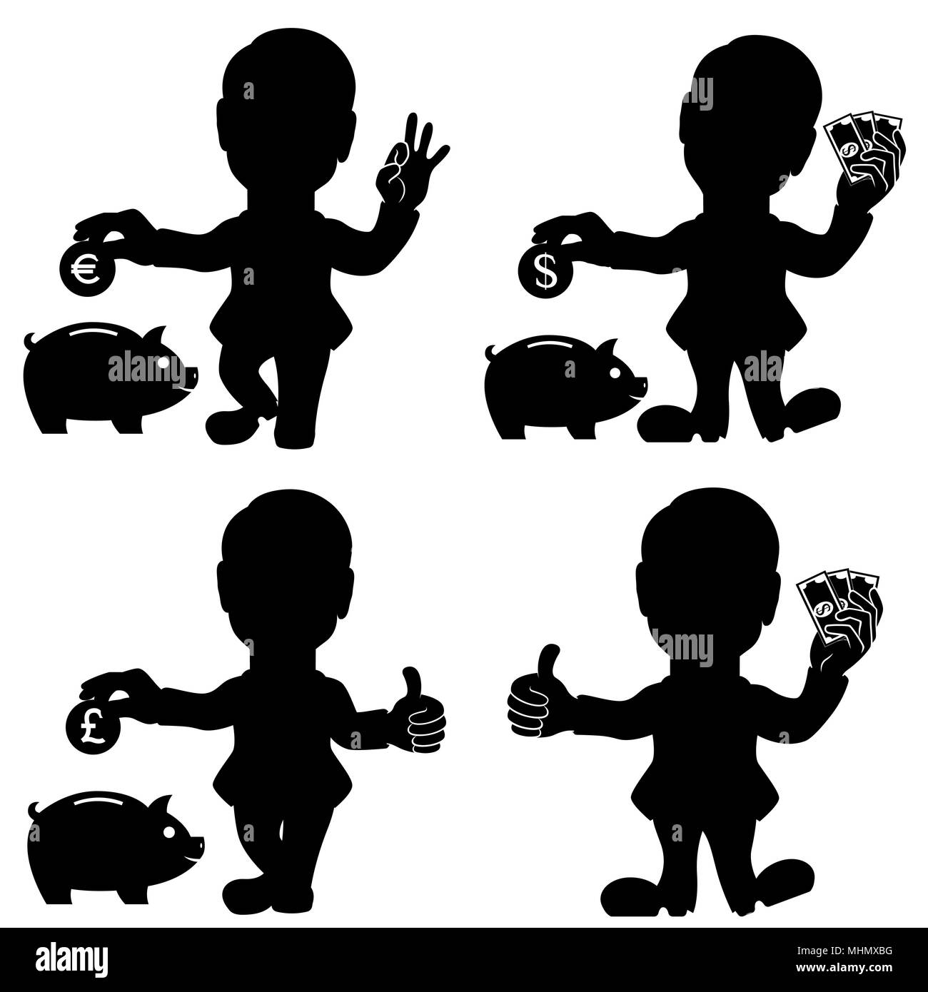 Silhouette von vier Mann Situationen mit Geld und piggy Bank für Kaution adverting, konzeptionelle Cartoon schwarz Schablone Vector Illustration Stock Vektor