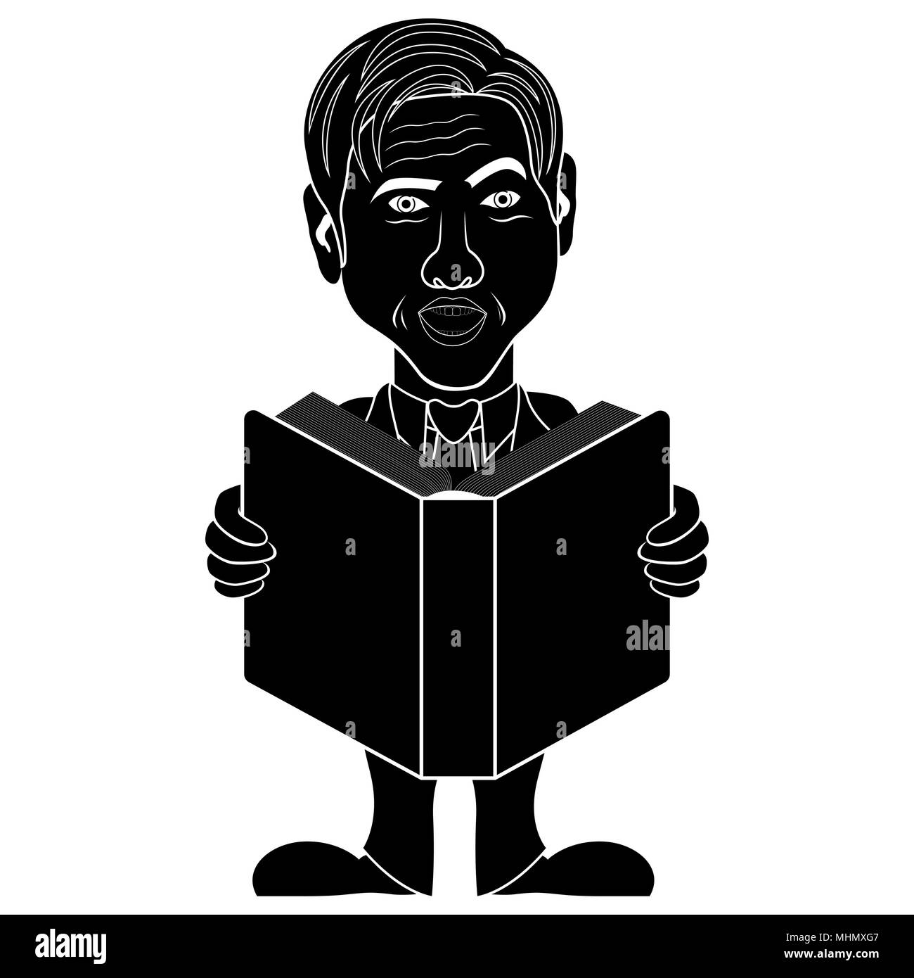 Silhouette von Mann, hält und ein großes Buch, cartoon Schablone Vector Illustration lesen Stock Vektor