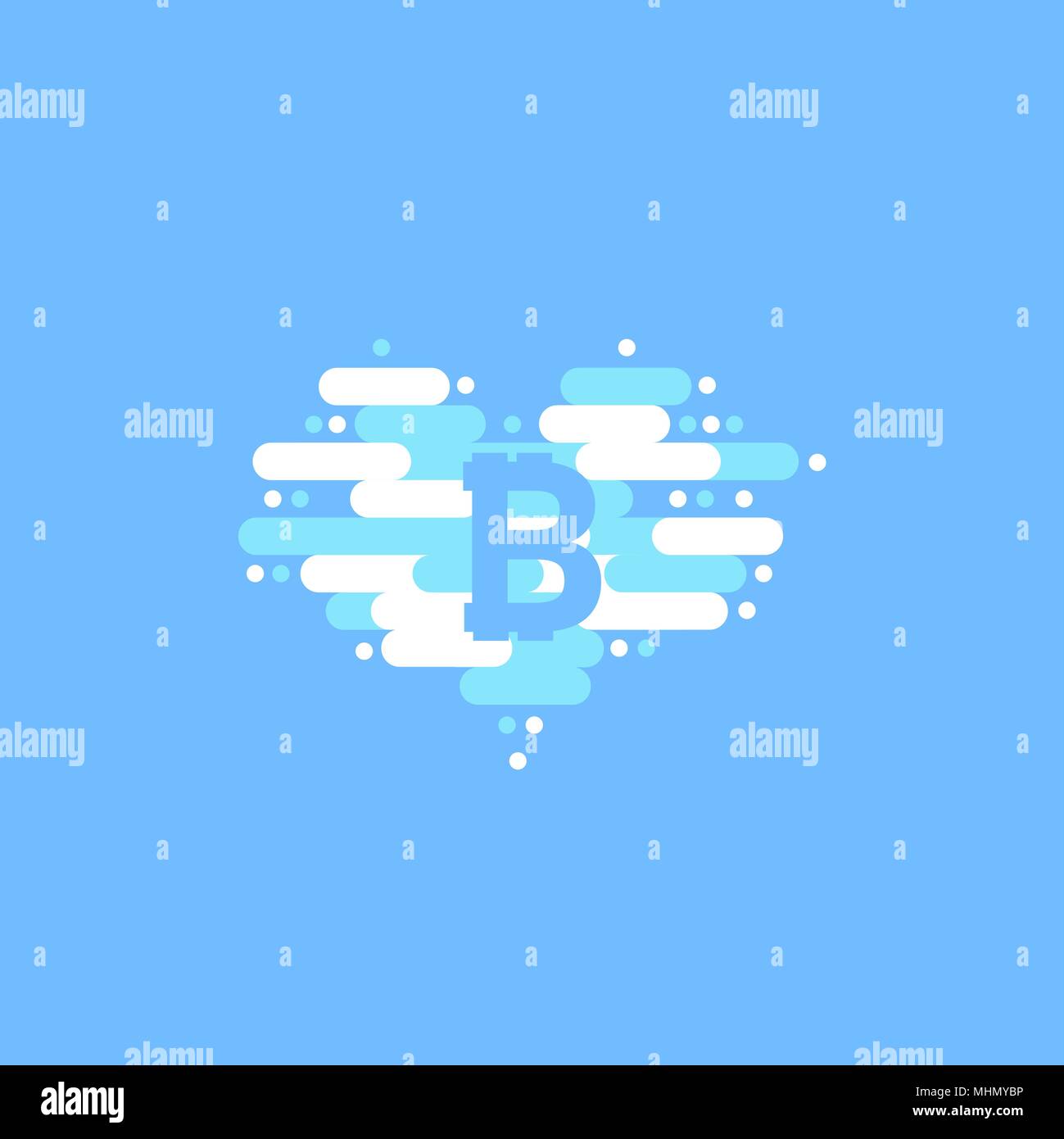 In der Wolke in der Form eines Herzens mit Schatten und blauer Himmel Hintergrund Bitcoin Stock Vektor